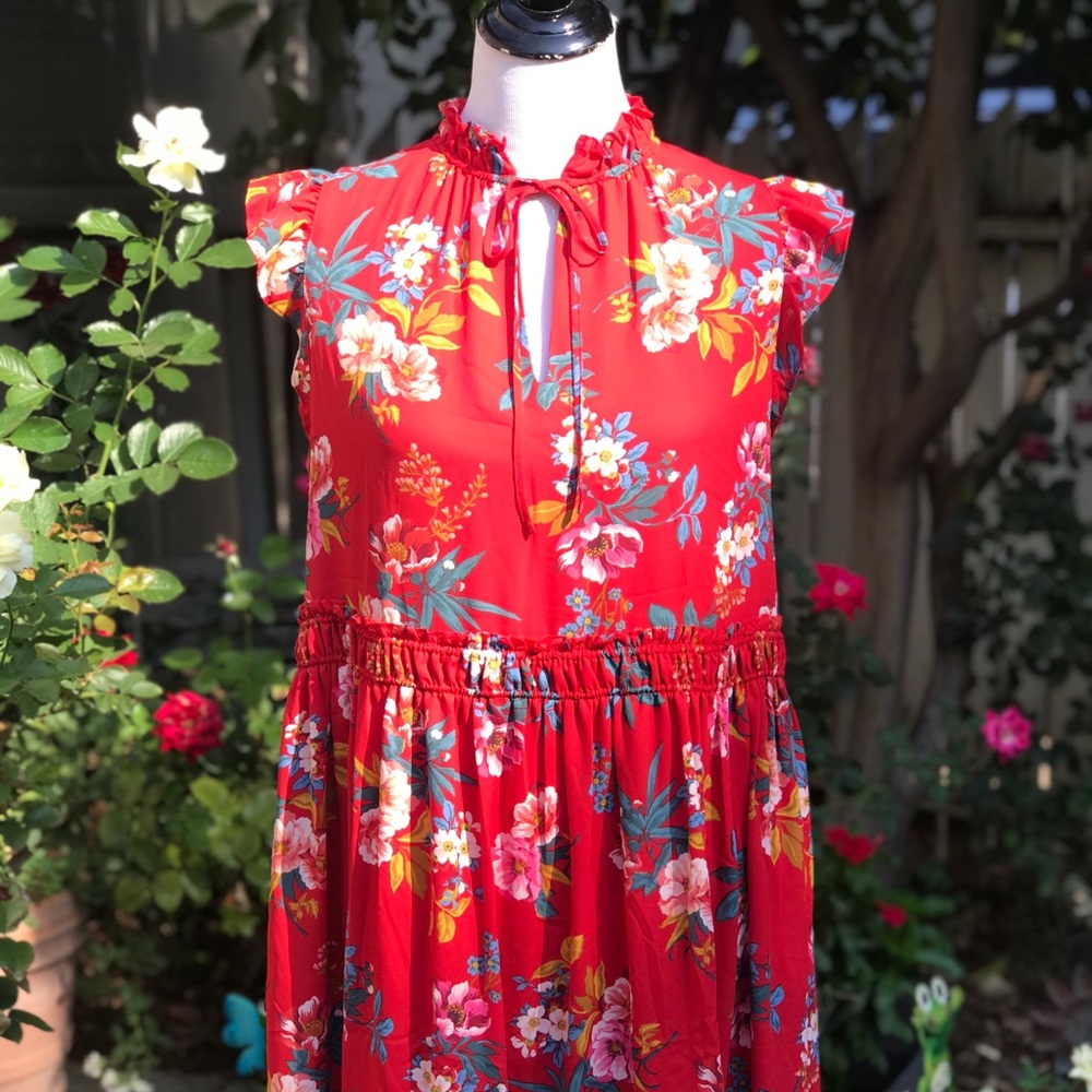 LOFT Red Floral Babydoll Dress